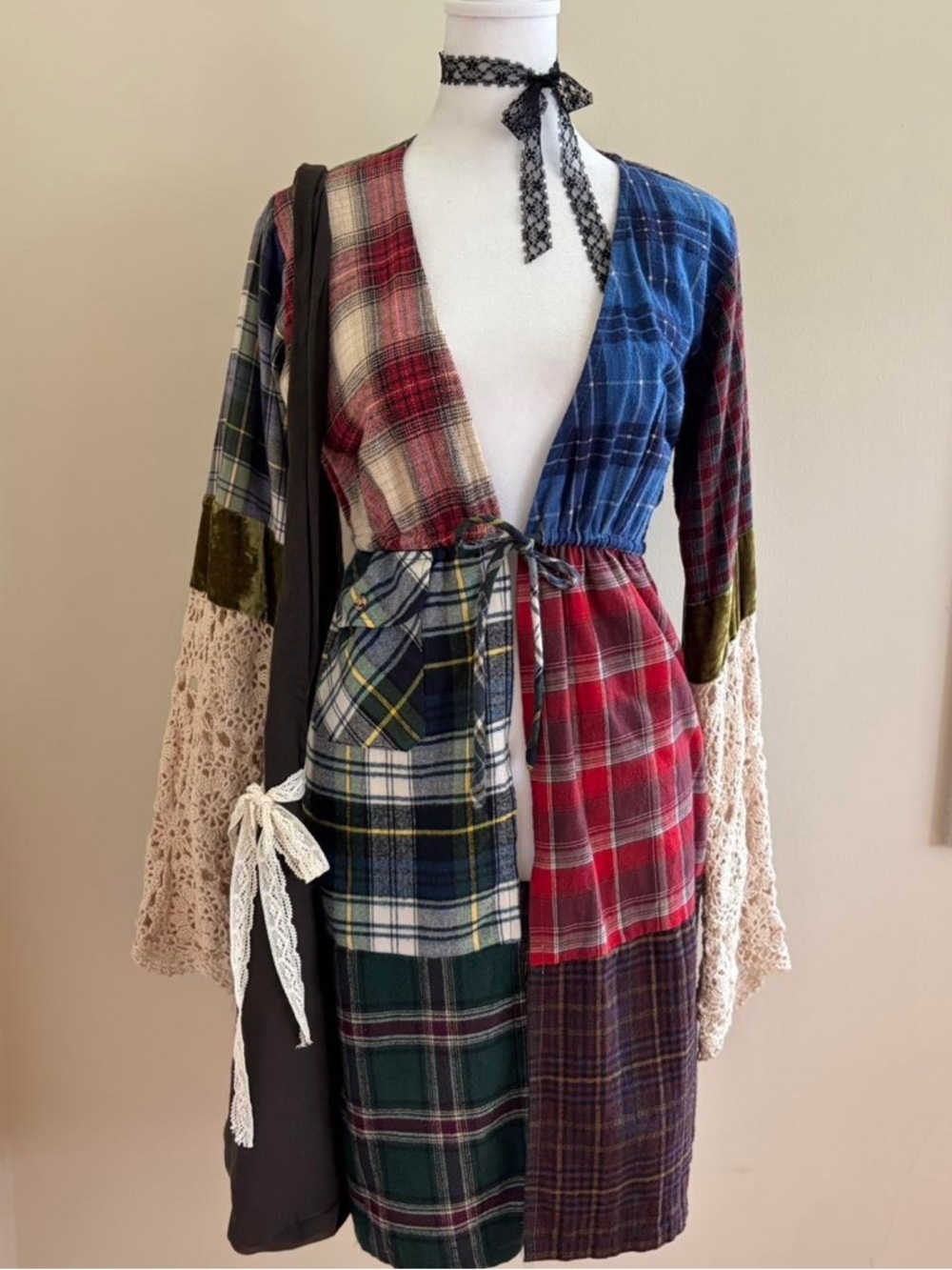 Vintage 90s patchwork crochet lace duster dress plaid grunge boho festival S-M